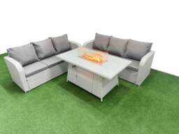 Rackhams Outdoor Garden Furniture Sets 6 Seater Wicker Rattan Furniture Sofa Sets with Fire Pit Dining Table high Back Lounge Sofa Light Grey - thumbnail 1