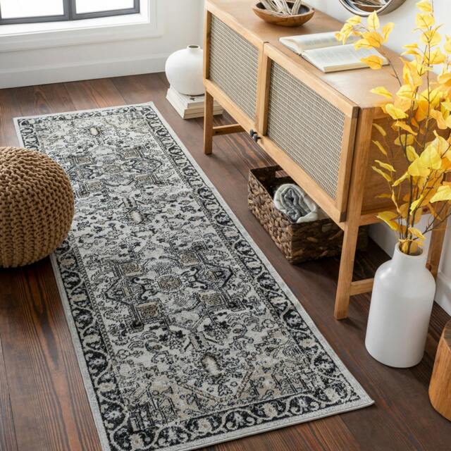 Rackhams Lavadora-Washable Black Beige Grey Traditional Vintage Boho Rug - 80 x 220 cm