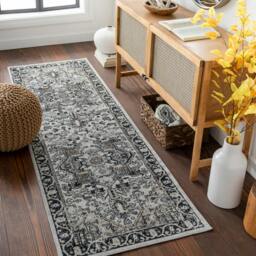 Rackhams Lavadora-Washable Black Beige Grey Traditional Vintage Boho Rug - 80 x 220 cm - thumbnail 1