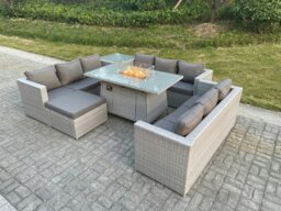 Rackhams Rattan Outdoor Garden Furniture Set With Gas Fire Pit Table, 3 Sofas, 1 Side Table, 1 Footstool - 10 Seater - Light Grey - thumbnail 1