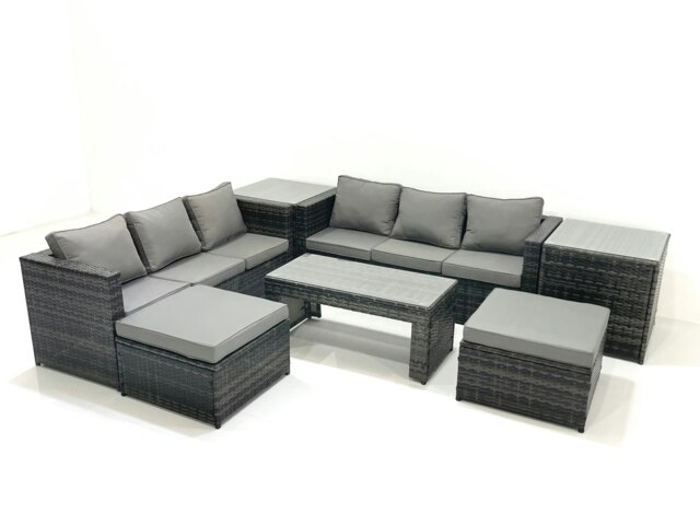 Rackhams Garden Outdoor Rattan Furniture Set with Sofa Coffee table 2 Big Footstools 2 Side Tables Dark Grey Mixed - image 1