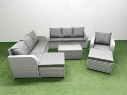Rackhams 9 Seater Poly Rattan Outdoor Garden Furniture Sofa Set Patio 3 Seater Sofa Reclining Chair 3 Seater Sofa 2 Big Footstools Light Grey - thumbnail 1