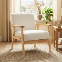 Rackhams Accent Chair with Wood Frame Wide Seat Sherpa Fleece Armchair Cream - thumbnail 2