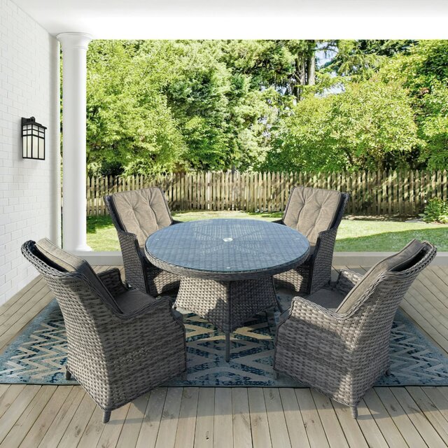 Rackhams 4 Seater Outdoor Rattan Dining Set, 5 pcs Luxury Wicker Dining Set with Soft Cushion Armchair, Tempered Glass Top Table - Brown - image 1