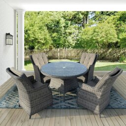Rackhams 4 Seater Outdoor Rattan Dining Set, 5 pcs Luxury Wicker Dining Set with Soft Cushion Armchair, Tempered Glass Top Table - Brown - thumbnail 1