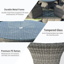 Rackhams 4 Seater Outdoor Rattan Dining Set, 5 pcs Luxury Wicker Dining Set with Soft Cushion Armchair, Tempered Glass Top Table - Brown - thumbnail 2