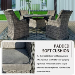 Rackhams 4 Seater Outdoor Rattan Dining Set, 5 pcs Luxury Wicker Dining Set with Soft Cushion Armchair, Tempered Glass Top Table - Brown - thumbnail 6