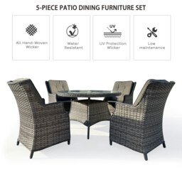 Rackhams 4 Seater Outdoor Rattan Dining Set, 5 pcs Luxury Wicker Dining Set with Soft Cushion Armchair, Tempered Glass Top Table - Brown - thumbnail 3