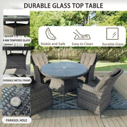 Rackhams 4 Seater Outdoor Rattan Dining Set, 5 pcs Luxury Wicker Dining Set with Soft Cushion Armchair, Tempered Glass Top Table - Brown - thumbnail 4