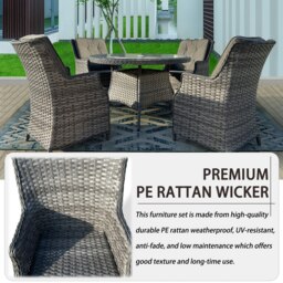 Rackhams 4 Seater Outdoor Rattan Dining Set, 5 pcs Luxury Wicker Dining Set with Soft Cushion Armchair, Tempered Glass Top Table - Brown - thumbnail 5