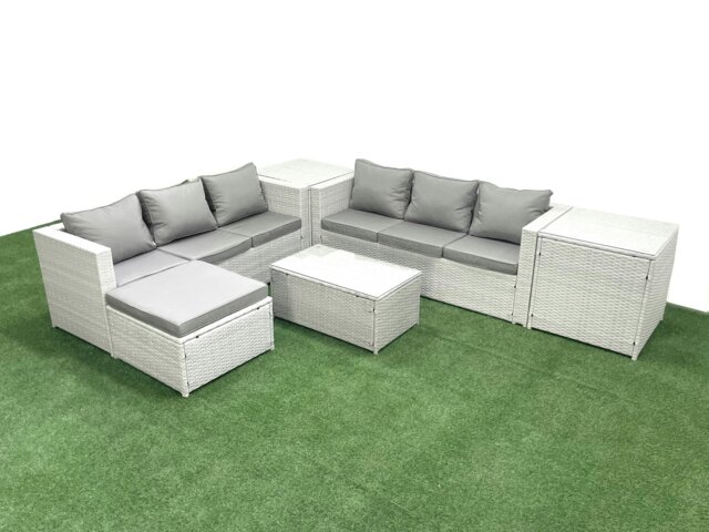 Rackhams Garden Outdoor PE Rattan Furniture Set 7 Seater Rattan Garden Sofa Set with Big Footstool 2 Side Tables Light Grey Mixed - image 1
