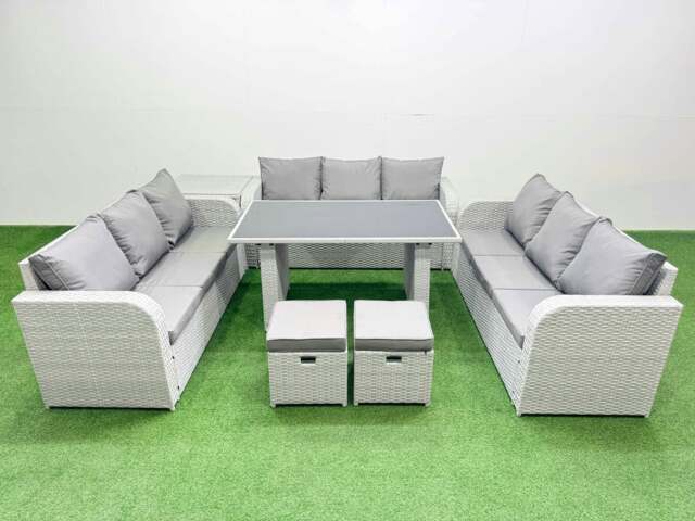 Rackhams Patio Garden Furniture Sets with Black Glass Top Dining Table 3 Seater Sofa Side Table 2 Small Stool Light Grey - image 1