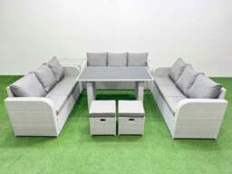 Rackhams Patio Garden Furniture Sets with Black Glass Top Dining Table 3 Seater Sofa Side Table 2 Small Stool Light Grey - thumbnail 1