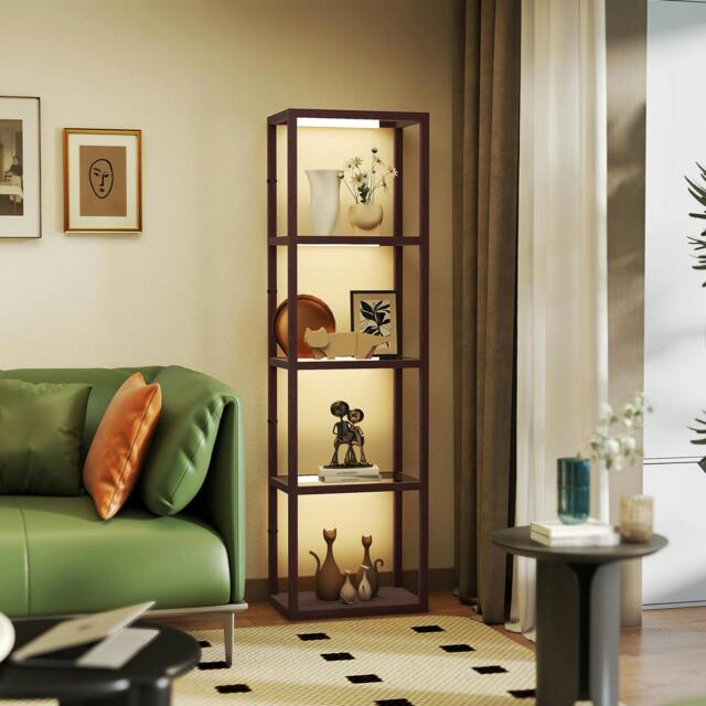 Rackhams LED Floor Lamp with Glass Shelves, Dimmable Room Lamp, Oak - Dark brown - image 1