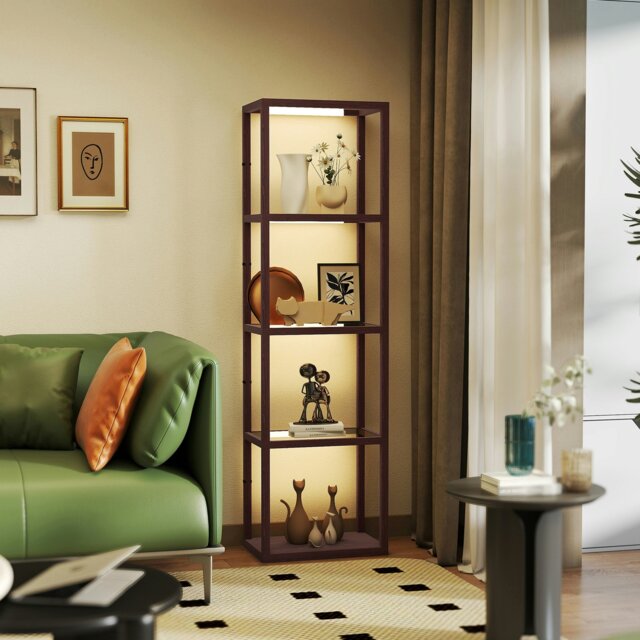 Rackhams LED Floor Lamp with Glass Shelves, Dimmable Room Lamp, Oak - Dark brown - image 1