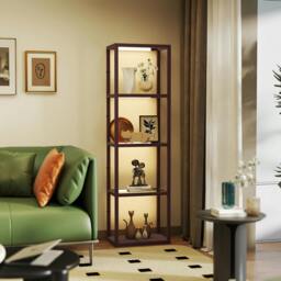 Rackhams LED Floor Lamp with Glass Shelves, Dimmable Room Lamp, Oak - Dark brown - thumbnail 1