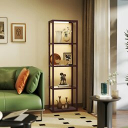 Rackhams LED Floor Lamp with Glass Shelves, Dimmable Room Lamp, Oak - Dark brown - thumbnail 1