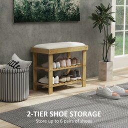 Rackhams 3-Tier Shoe Storage Bench, Bamboo Shoe Rack for Entryway, Cream - Cream - thumbnail 4