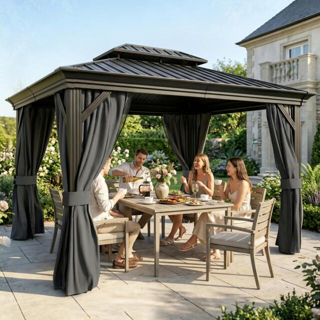 Rackhams 3 x 3.7m Aluminium Hardtop Gazebo Canopy 2 Tier Roof Dark Brown - image 1
