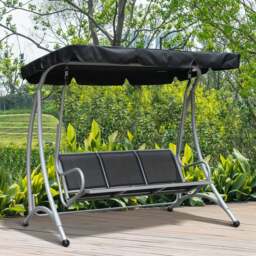 Rackhams 3 Seat Metal Fabric Backyard Balcony Patio Swing Chair with Canopy Top - Black - thumbnail 1