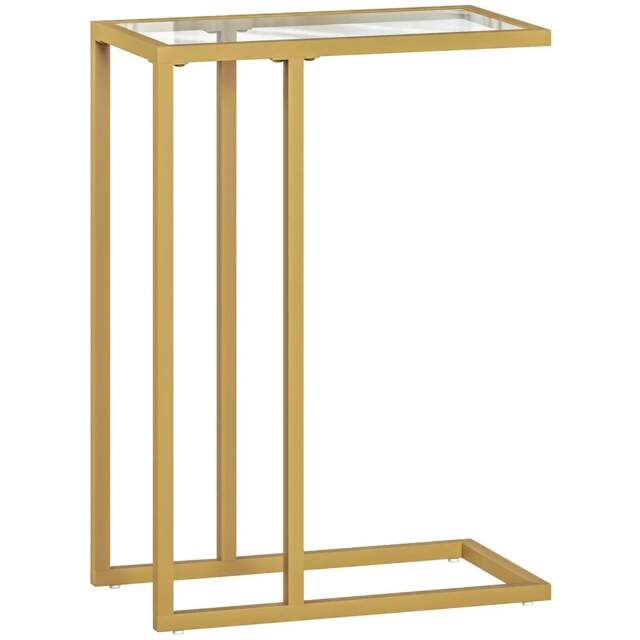 Rackhams C-Shaped Side Table, Modern Slim End Table with Tempered Glass Tabletop, Steel Frame for Small Space, Living Room, Bedroom, Gold Tone