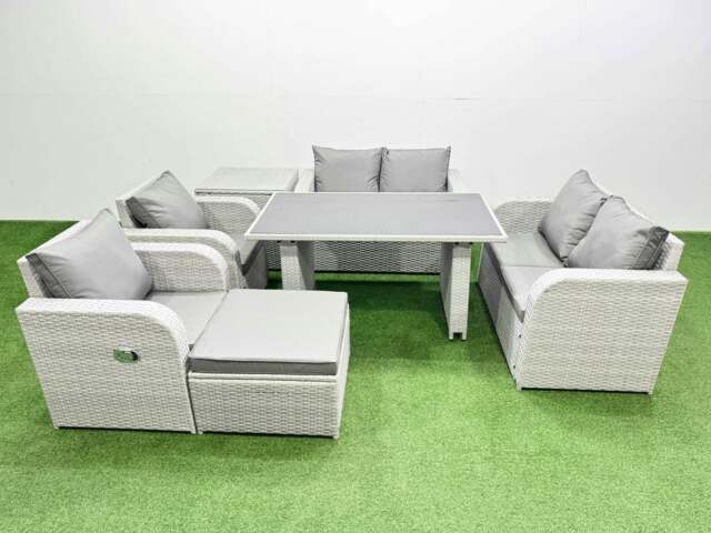 Rackhams 7 Pieces Outdoor PE Rattan Sofa Reclining Chair Set Patio Garden Furniture Sets with Cushions Side Table Big Stool Light Grey - image 1