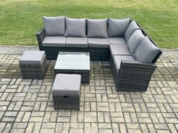 Rackhams Rattan Garden Furniture Set Outdoor Lounge Corner Sofa Set With Square Coffee Table 2 Small Footstools 8 Seater Dark Grey Mixed - thumbnail 2