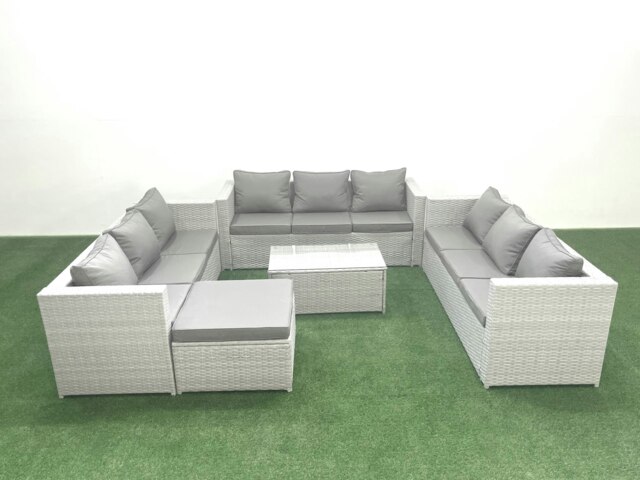 Rackhams Rattan Garden Outdoor Furniture Set 10 Seater Garden Sofa Coffee Table Set with Big Footstool Light Grey Mixed - image 1