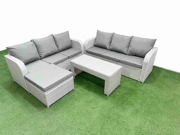 Rackhams 7-Seater High Back Rattan Garden Sofa Set - Light Grey Wicker Outdoor Furniture with Oblong Coffee Table & Big Footstool - thumbnail 1