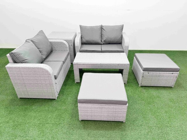 Rackhams 6 Seater Outdoor Love Sofa Set Rattan Garden Furniture Set with Oblong Coffee Table 2 Footstool Side Table Light Grey - image 1