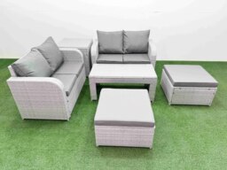 Rackhams 6 Seater Outdoor Love Sofa Set Rattan Garden Furniture Set with Oblong Coffee Table 2 Footstool Side Table Light Grey - thumbnail 1