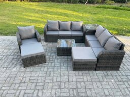 Rackhams 9 Seater Dark Grey Mixed Rattan Outdoor Sofa Set - Conservatory Patio, Coffee Table, Reclining Chair, 2 Big Footstools & Side Table - thumbnail 2