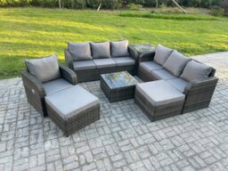 Rackhams 9 Seater Dark Grey Mixed Rattan Outdoor Sofa Set - Conservatory Patio, Coffee Table, Reclining Chair, 2 Big Footstools & Side Table - thumbnail 1