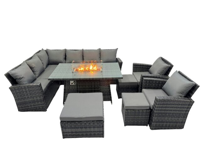 Rackhams Poly Rattan Outdoor Patio Gas Firpit Dining Table Corner Sofa Set with 3 Stools 2 Chairs for Garden Backyard Dark Grey Mixed - image 1