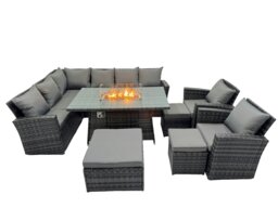 Rackhams Poly Rattan Outdoor Patio Gas Firpit Dining Table Corner Sofa Set with 3 Stools 2 Chairs for Garden Backyard Dark Grey Mixed - thumbnail 1