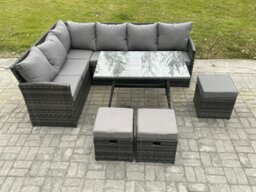 Rackhams Wicker Rattan Garden Furniture Corner Sofa Set with Oblong Dining Table 3 Small Footstools 9 Seater Outdoor Rattan Set Dark Grey Mixed - thumbnail 2