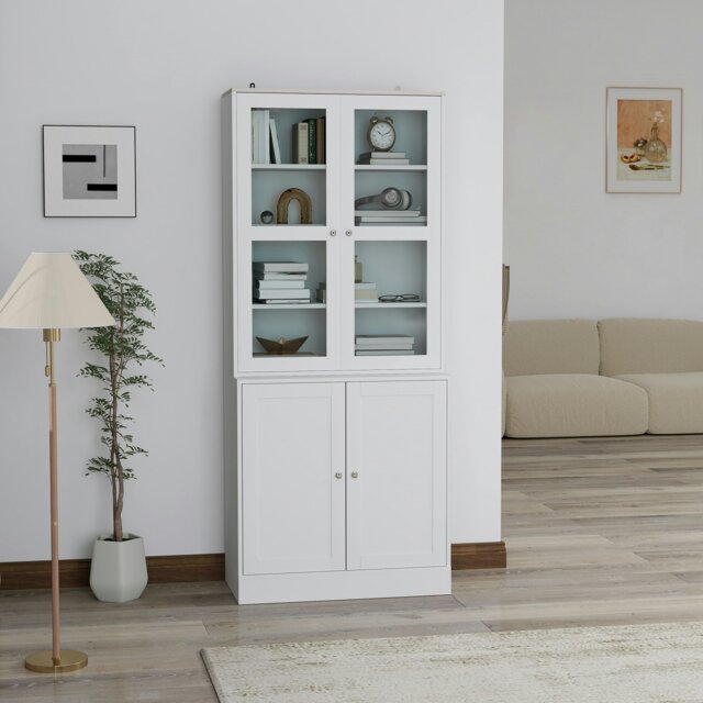 Rackhams Modern Bookcase Display Storage Cabinet w/ Doors Adjustable Shelves - White and Natural - image 1