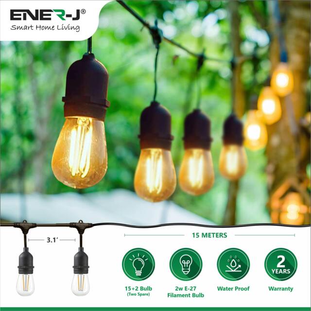 Rackhams 48ft LED Filament String Light Kit, 15 x 2W Vintage LED Bulbs, IP65 Waterproof - image 1