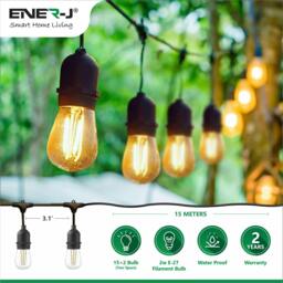 Rackhams 48ft LED Filament String Light Kit, 15 x 2W Vintage LED Bulbs, IP65 Waterproof - thumbnail 1