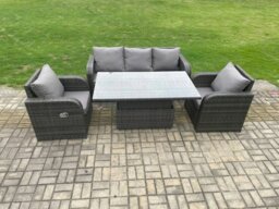 Rackhams Rattan Outdoor Garden Furniture Sets Height Adjustable Rising lifting Dining Table Lounge Sofa Set With Reclining Chair Dark Grey Mixed - thumbnail 2