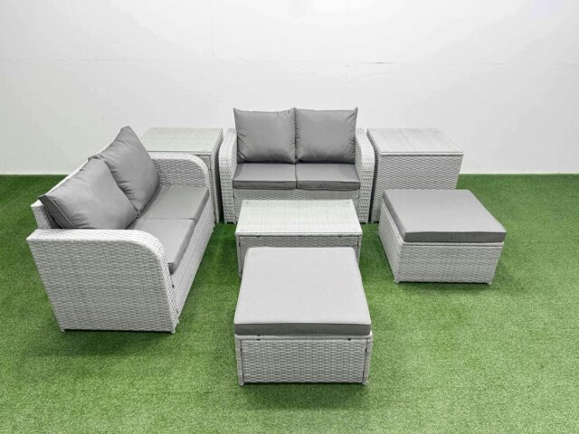 Rackhams 6 Seater Outdoor Love Sofa Set Rattan Garden Furniture Set with Rectangular Coffee Table 2 Footstool 2 Side Tables Light Grey - image 1