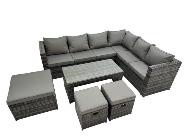 Rackhams Outdoor Rattan Oblong Coffee Table Corner Sofa Sets Garden Furniture Set with 3 Stools Dark Grey Mixed - image 1