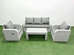 Rackhams PE Rattan Garden Furniture Set Reclining Chair Sofa Lounge Sofa Set Rectangular Coffee Table Light Grey - thumbnail 1