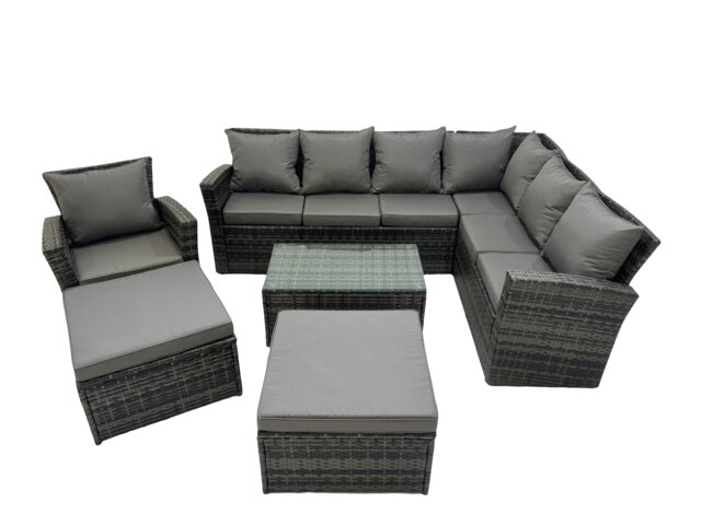 Rackhams Rattan Garden Outdoor Furniture Set 9 Seater Garden Sofa Coffee Table Set with Chair 2 Big Footstools Dark Grey Mixed - image 1