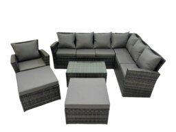 Rackhams Rattan Garden Outdoor Furniture Set 9 Seater Garden Sofa Coffee Table Set with Chair 2 Big Footstools Dark Grey Mixed - thumbnail 1