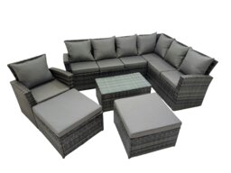 Rackhams Rattan Garden Outdoor Furniture Set 9 Seater Garden Sofa Coffee Table Set with Chair 2 Big Footstools Dark Grey Mixed - thumbnail 2