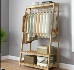 Rackhams Bamboo Clothes Rail Rack with Top Shelf, Shoe Storage, 10 Hooks, and Ladder Rails – 80x43.5x165 cm