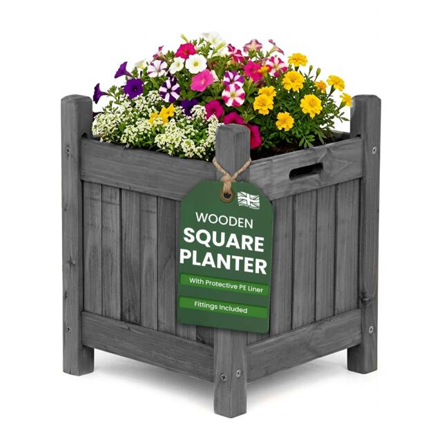 Rackhams My Garden Wooden Planter Square with PE Liner - 30 x 30 x 38 cm Weather Resistant Wooden Planter Box for Outdoor Use - 30x30x38 - Grey - image 1