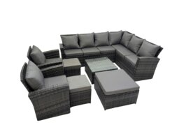 Rackhams Rattan Garden Outdoor Furniture Set 11 Seater Garden Sofa Coffee Table Set with 2 Chairs 3 Footstools Dark Grey Mixed - thumbnail 1