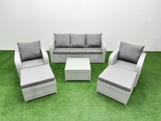 Rackhams PE Rattan Garden Furniture Set Reclining Chair Sofa Lounge Sofa Set Square Coffee Table 2 Big Footstool Light Grey - image 1